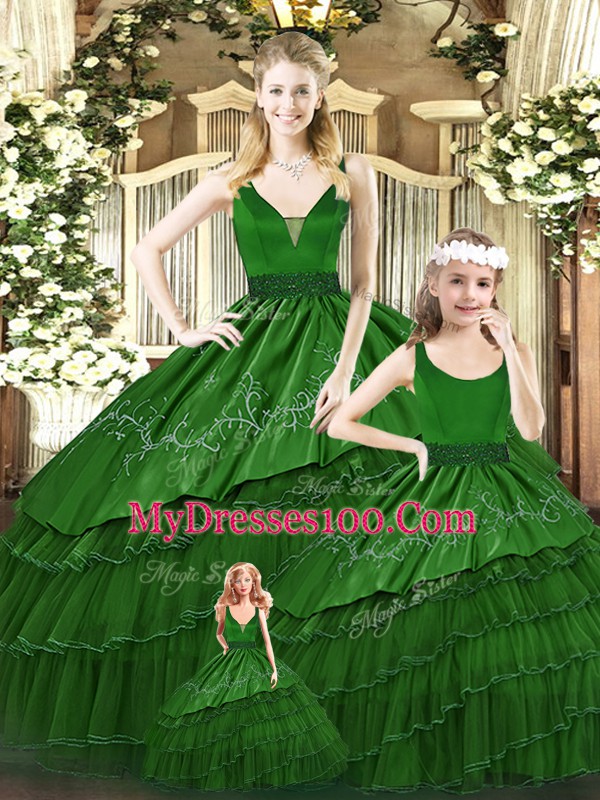 High Class Beading and Embroidery and Ruffled Layers Quinceanera Gowns Green Lace Up Sleeveless Floor Length