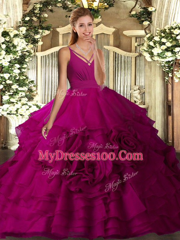 Flirting Fuchsia Sleeveless Floor Length Ruffled Layers Backless Quince Ball Gowns