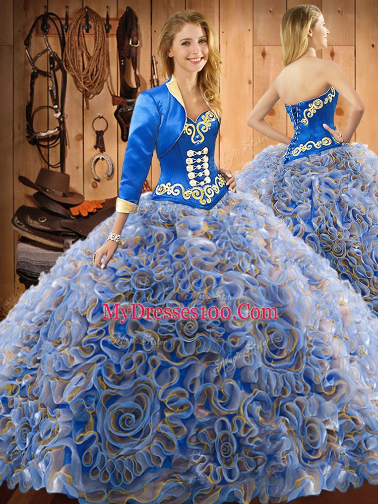 Vintage With Train Multi-color 15th Birthday Dress Satin and Fabric With Rolling Flowers Sweep Train Sleeveless Embroidery