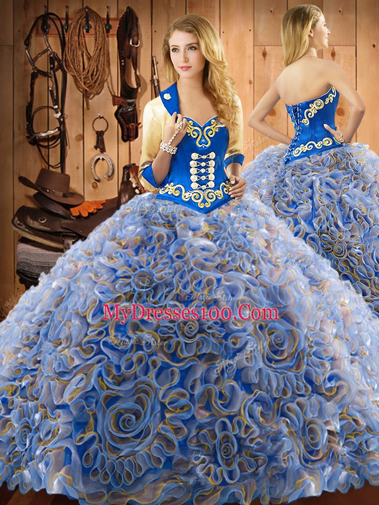 Vintage With Train Multi-color 15th Birthday Dress Satin and Fabric With Rolling Flowers Sweep Train Sleeveless Embroidery