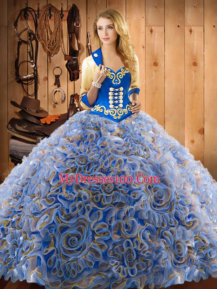 Vintage With Train Multi-color 15th Birthday Dress Satin and Fabric With Rolling Flowers Sweep Train Sleeveless Embroidery