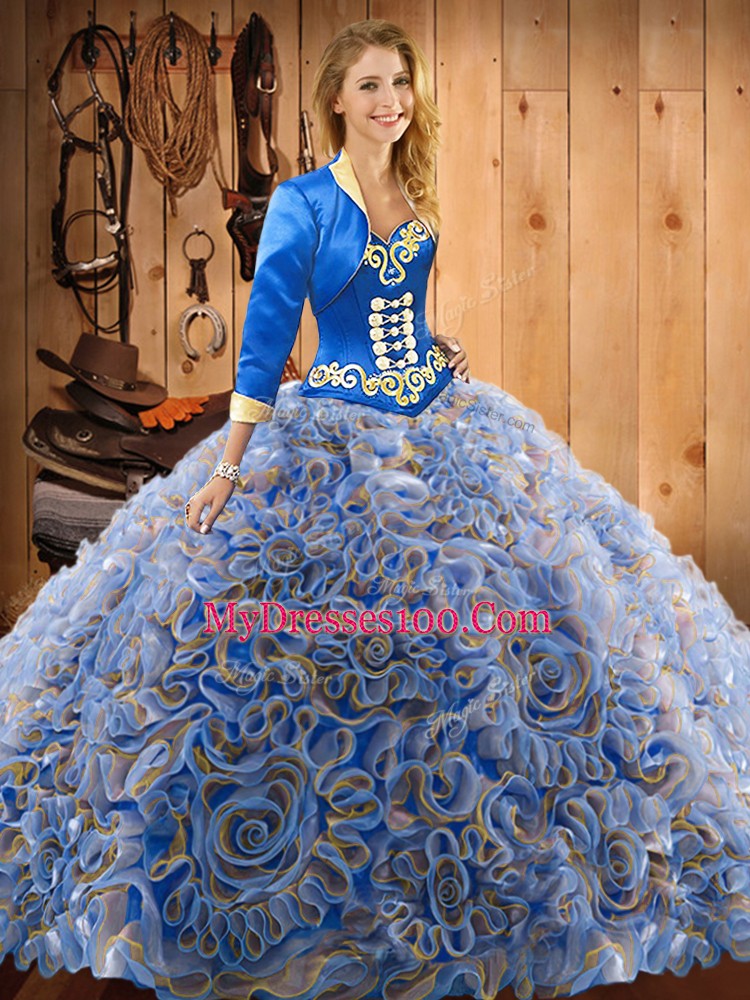 Vintage With Train Multi-color 15th Birthday Dress Satin and Fabric With Rolling Flowers Sweep Train Sleeveless Embroidery