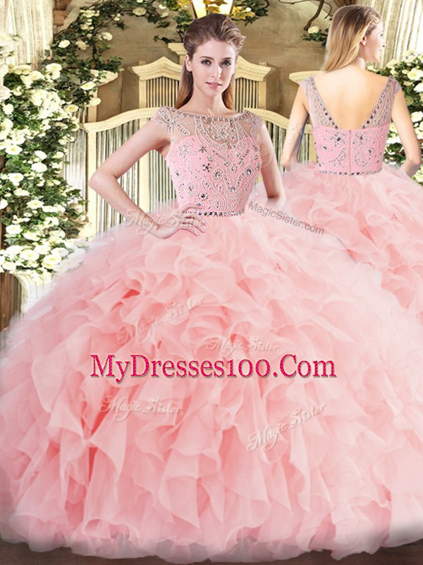 Stunning Tulle Bateau Sleeveless Zipper Beading and Ruffles Sweet 16 Dresses in Baby Pink
