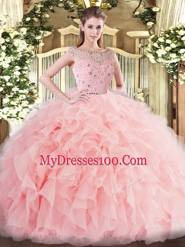 Stunning Tulle Bateau Sleeveless Zipper Beading and Ruffles Sweet 16 Dresses in Baby Pink