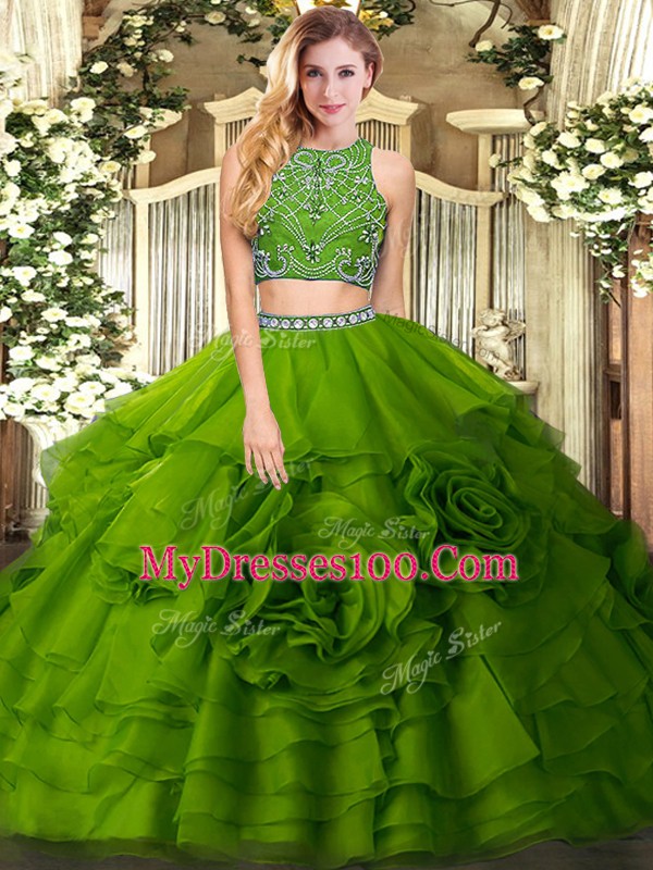 Decent High-neck Sleeveless Quinceanera Dress Floor Length Beading and Ruffled Layers Olive Green Tulle