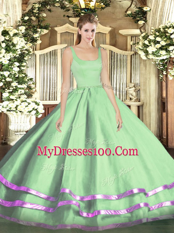Edgy Straps Sleeveless Zipper Quinceanera Dresses Apple Green Tulle