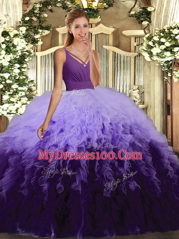 Multi-color Organza Backless V-neck Sleeveless Floor Length Sweet 16 Quinceanera Dress Ruffles