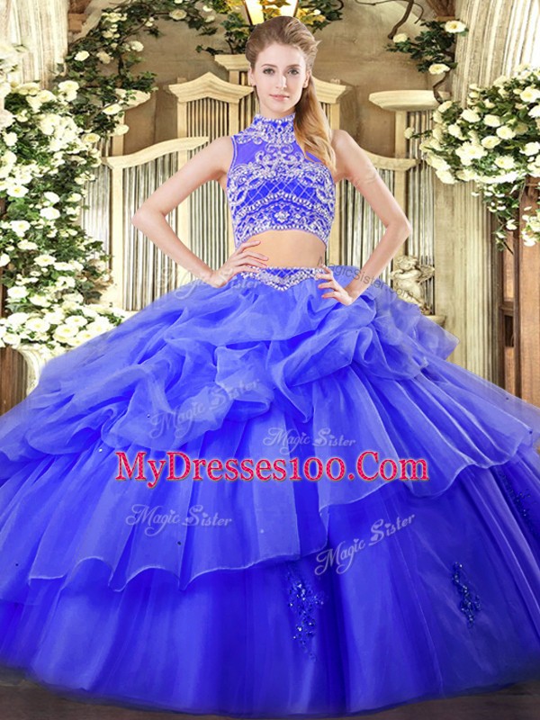 Fantastic Beading and Ruffles and Pick Ups Sweet 16 Dress Blue Backless Sleeveless Floor Length