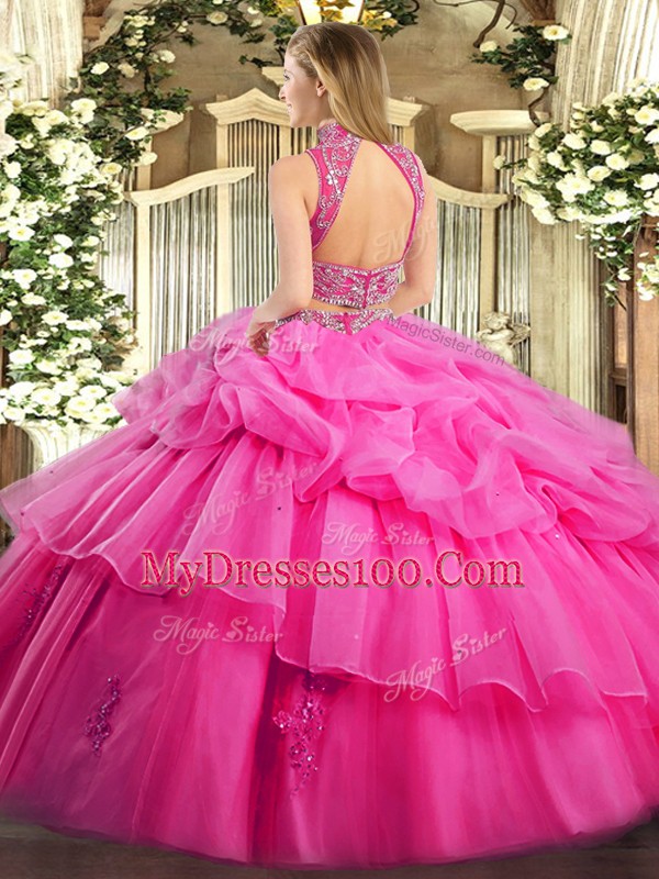 Fantastic Beading and Ruffles and Pick Ups Sweet 16 Dress Blue Backless Sleeveless Floor Length