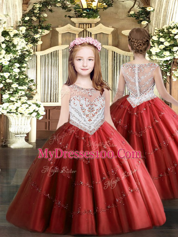 Floor Length Zipper Evening Gowns Red for Party and Quinceanera with Beading and Appliques