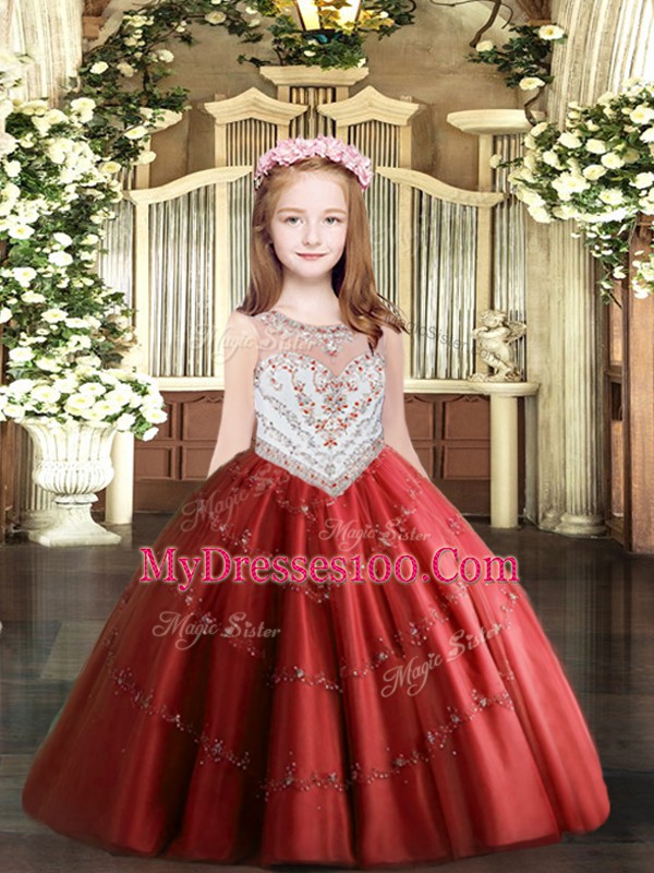 Floor Length Zipper Evening Gowns Red for Party and Quinceanera with Beading and Appliques