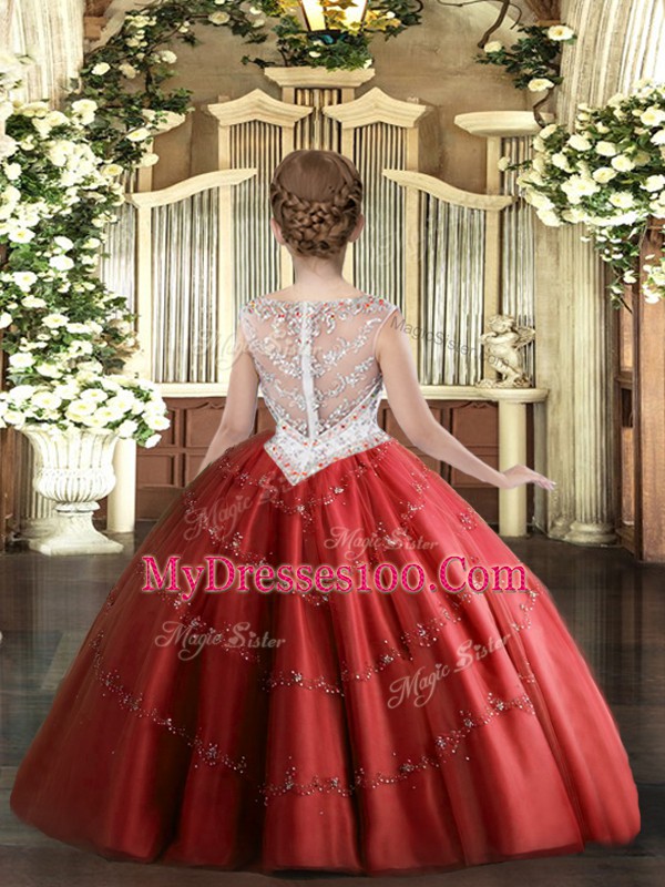 Floor Length Zipper Evening Gowns Red for Party and Quinceanera with Beading and Appliques