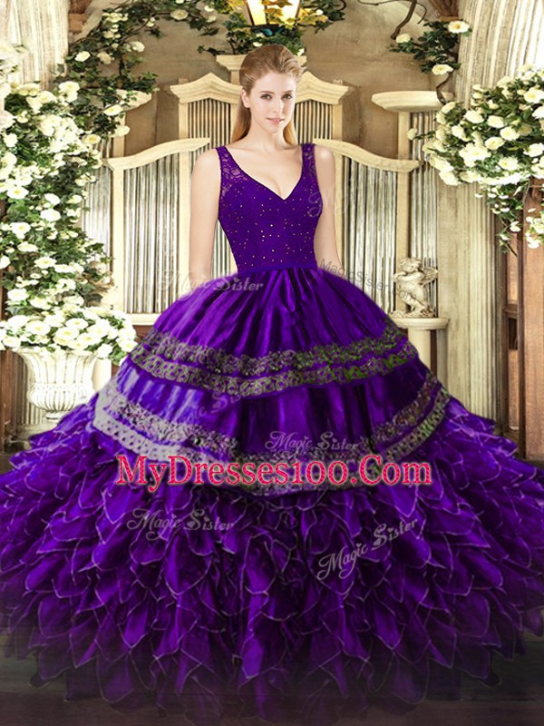 Spectacular Floor Length Ball Gowns Sleeveless Purple Vestidos de Quinceanera Backless