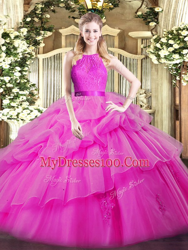 Fuchsia Organza Zipper Quinceanera Gown Sleeveless Floor Length Lace and Ruffled Layers