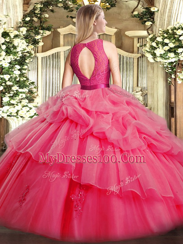 Fuchsia Organza Zipper Quinceanera Gown Sleeveless Floor Length Lace and Ruffled Layers