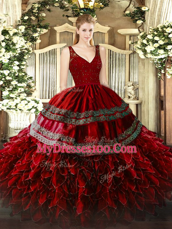 Captivating Wine Red Backless V-neck Beading and Lace and Ruffles Ball Gown Prom Dress Organza Sleeveless