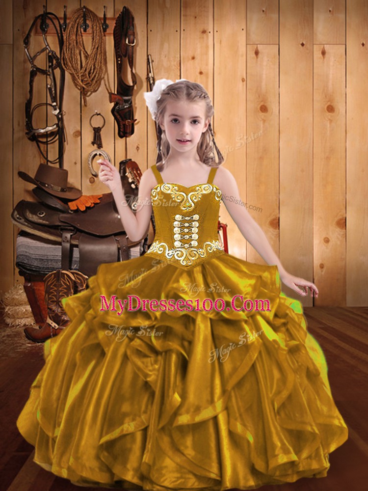 Charming Straps Sleeveless Lace Up Kids Formal Wear Gold Organza