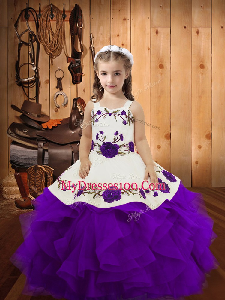 New Arrival Purple Lace Up Evening Gowns Embroidery and Ruffles Sleeveless Floor Length
