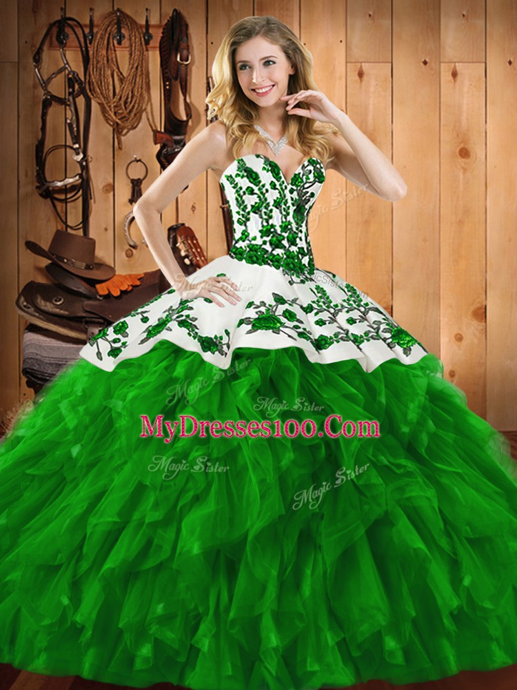 Green Satin and Organza Lace Up Quince Ball Gowns Sleeveless Floor Length Embroidery and Ruffles