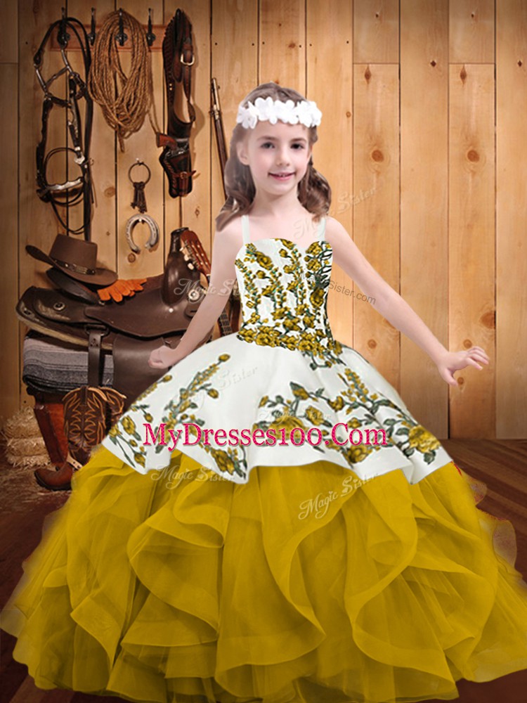 Pretty Floor Length Lace Up Pageant Dress Wholesale Gold for Sweet 16 and Quinceanera with Embroidery and Ruffles