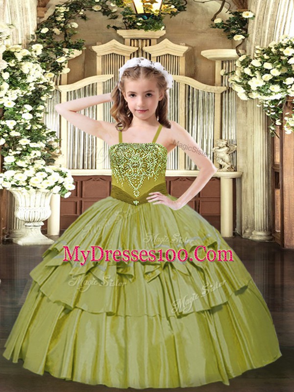 Olive Green Lace Up Little Girl Pageant Gowns Beading and Ruffled Layers Sleeveless Floor Length