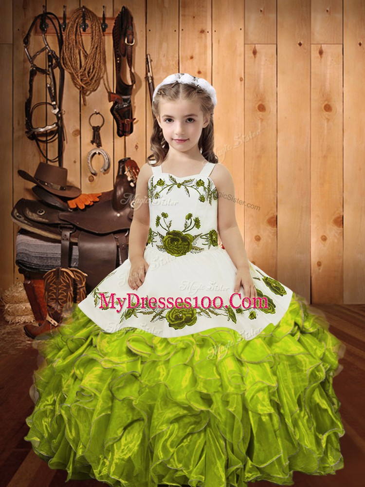 Olive Green Lace Up Little Girl Pageant Gowns Embroidery and Ruffles Sleeveless Floor Length