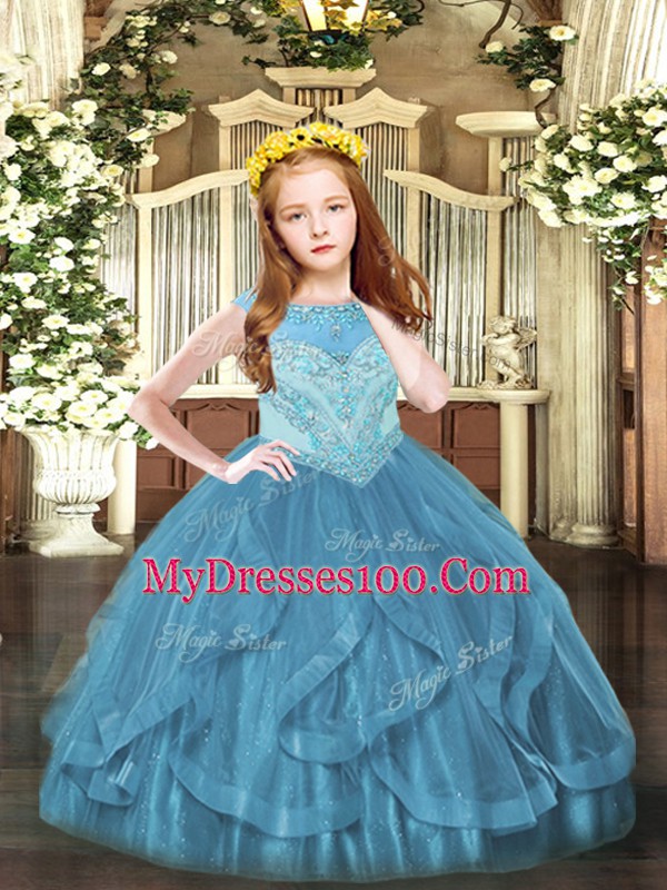 Sweet Floor Length Teal Kids Formal Wear Tulle Sleeveless Beading and Ruffles