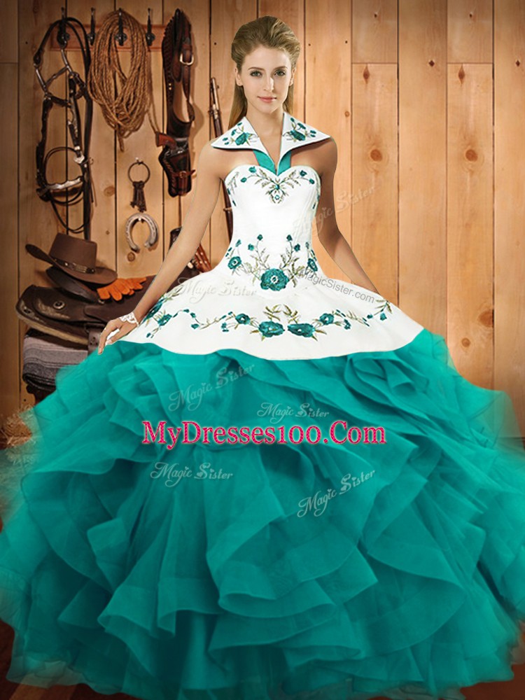 Teal Sleeveless Tulle Lace Up 15 Quinceanera Dress for Military Ball and Sweet 16 and Quinceanera