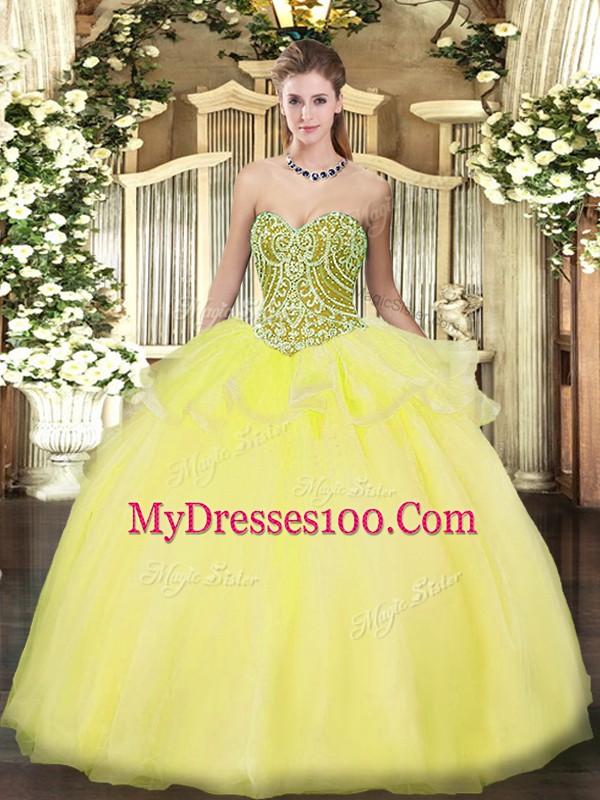 Yellow Sweetheart Lace Up Beading and Ruffles Quinceanera Dress Sleeveless