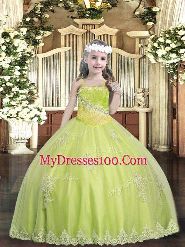 Hot Sale Appliques and Sequins Little Girls Pageant Gowns Yellow Green Lace Up Sleeveless Floor Length