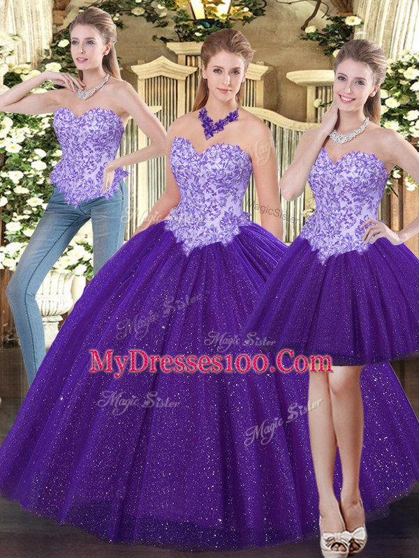 Purple Quinceanera Dresses Military Ball and Sweet 16 and Quinceanera with Beading Sweetheart Sleeveless Lace Up