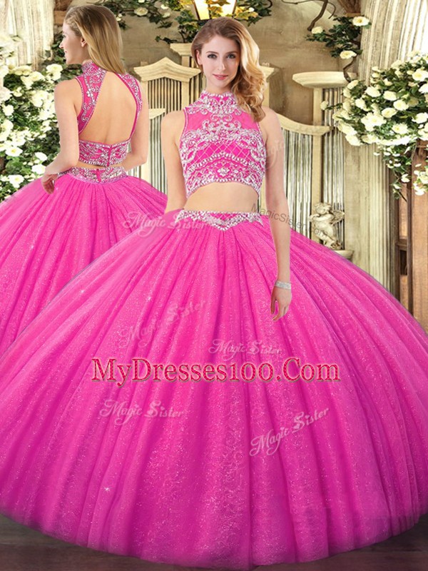 Artistic High-neck Sleeveless Backless 15th Birthday Dress Hot Pink Tulle