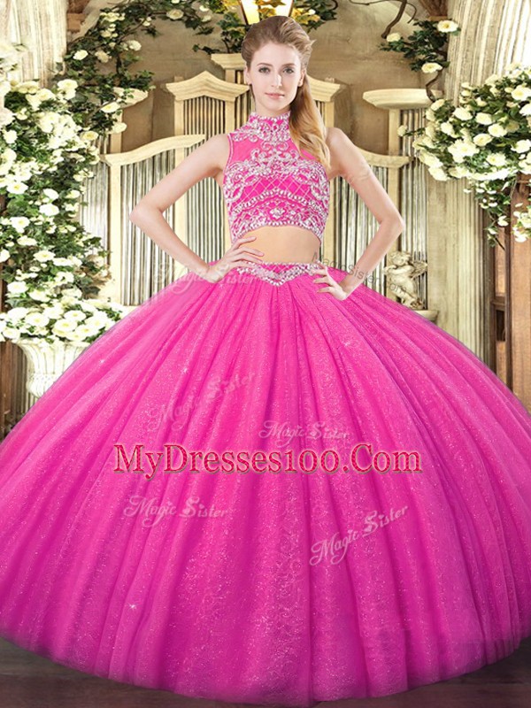 Artistic High-neck Sleeveless Backless 15th Birthday Dress Hot Pink Tulle