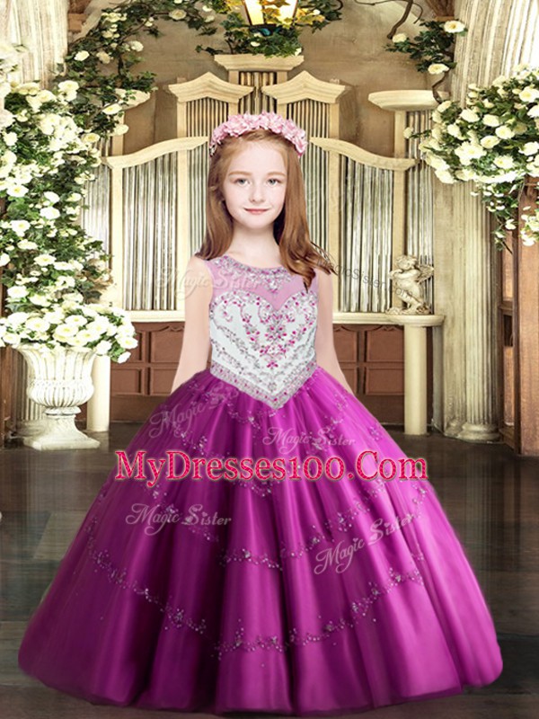 Fuchsia Sleeveless Tulle Zipper Evening Gowns for Party and Quinceanera
