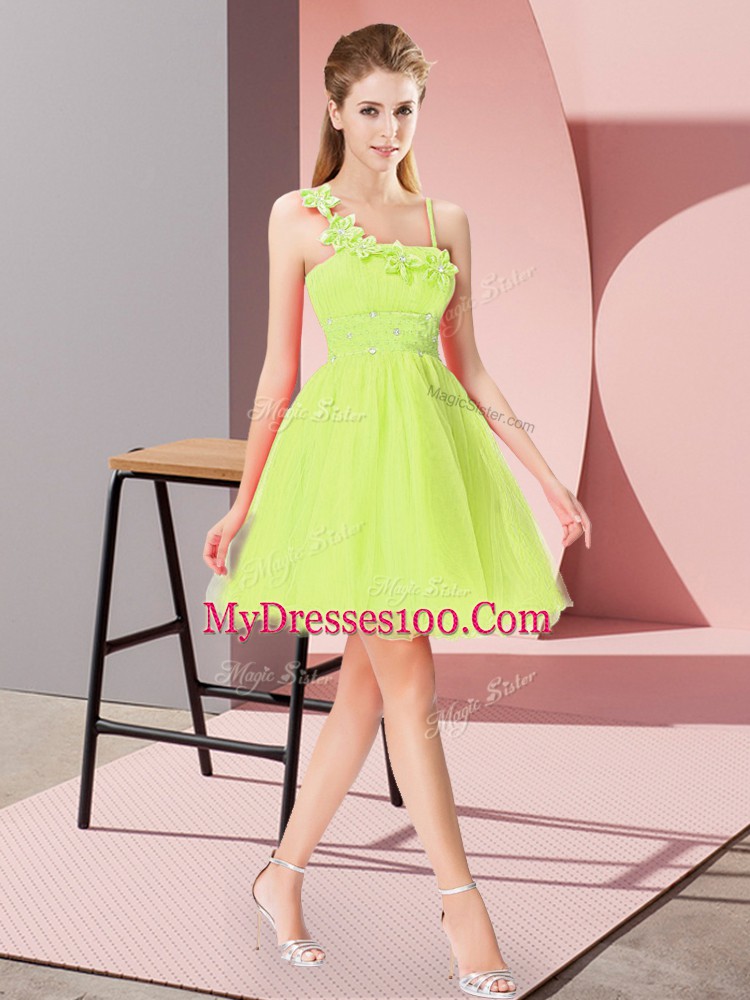 Yellow Green Homecoming Dress Prom and Party with Beading and Hand Made Flower Asymmetric Sleeveless Zipper