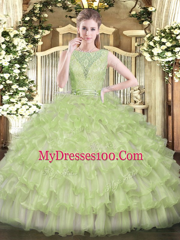Fantastic Floor Length Yellow Green Sweet 16 Dresses Scoop Sleeveless Backless