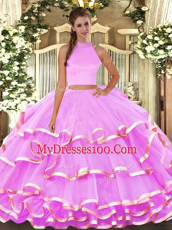 Cute Lilac Two Pieces Beading and Ruffled Layers Sweet 16 Dresses Backless Organza Sleeveless Floor Length