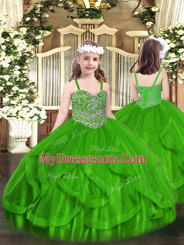 Graceful Green Straps Lace Up Beading and Ruffles Little Girl Pageant Gowns Sleeveless