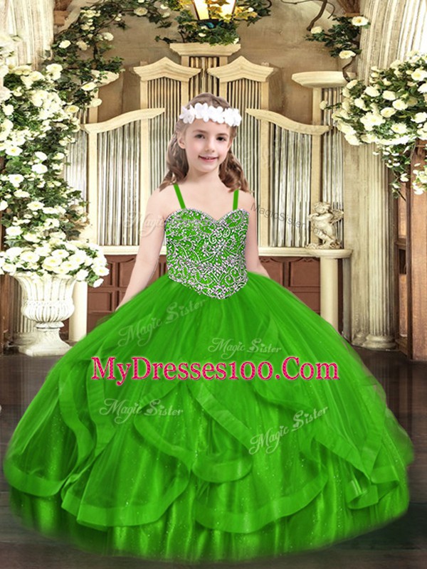 Graceful Green Straps Lace Up Beading and Ruffles Little Girl Pageant Gowns Sleeveless