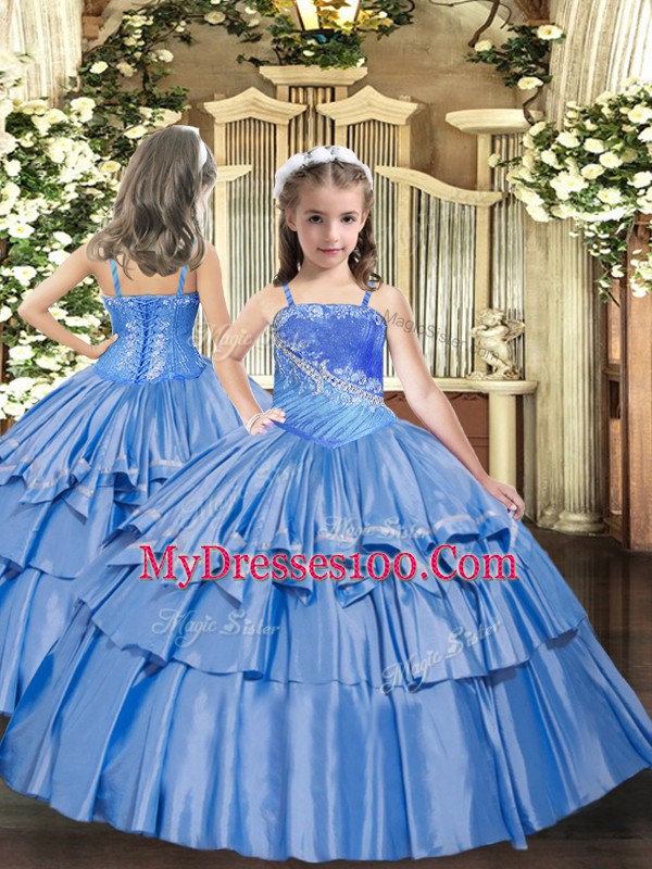 Most Popular Baby Blue Sleeveless Beading and Ruffles Floor Length Quince Ball Gowns
