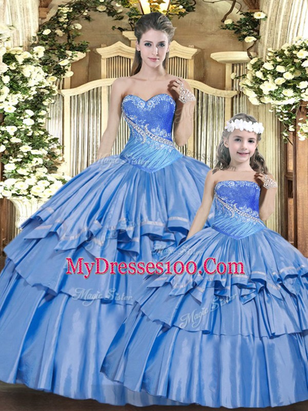 Most Popular Baby Blue Sleeveless Beading and Ruffles Floor Length Quince Ball Gowns