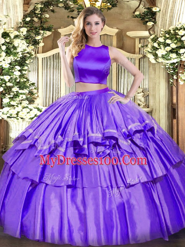 Purple Two Pieces Tulle High-neck Sleeveless Ruffled Layers Floor Length Criss Cross Quince Ball Gowns