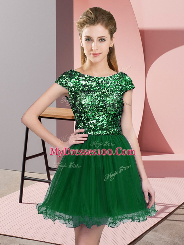 Gorgeous Cap Sleeves Tulle Mini Length Zipper Quinceanera Dama Dress in Dark Green with Sequins