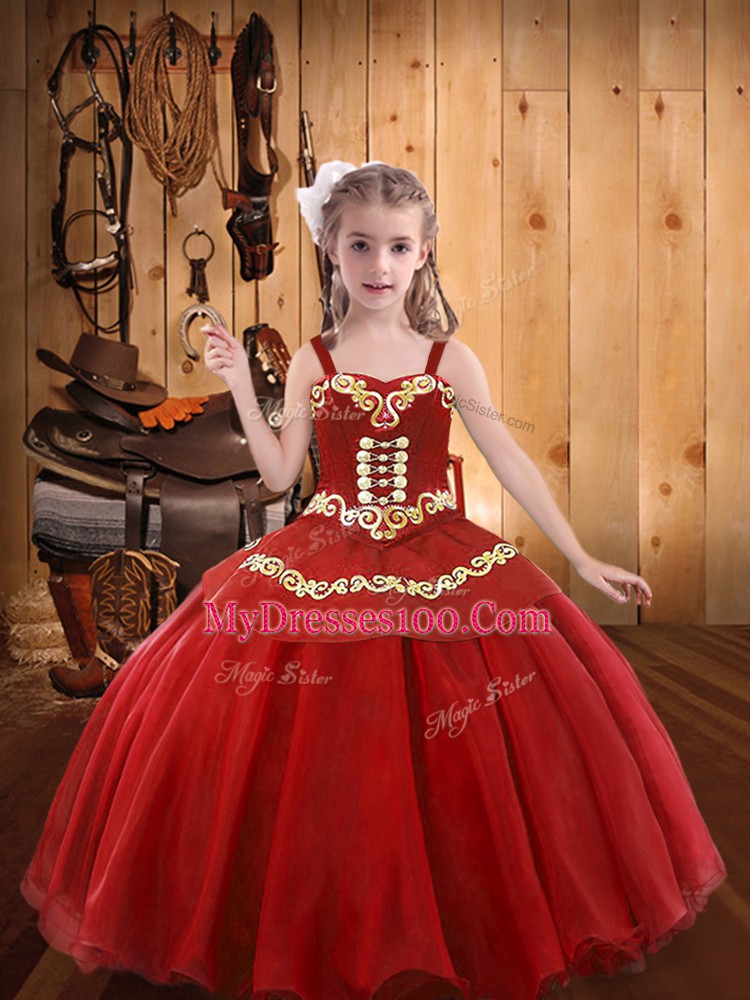 Straps Sleeveless Organza Kids Formal Wear Embroidery and Ruffles Lace Up