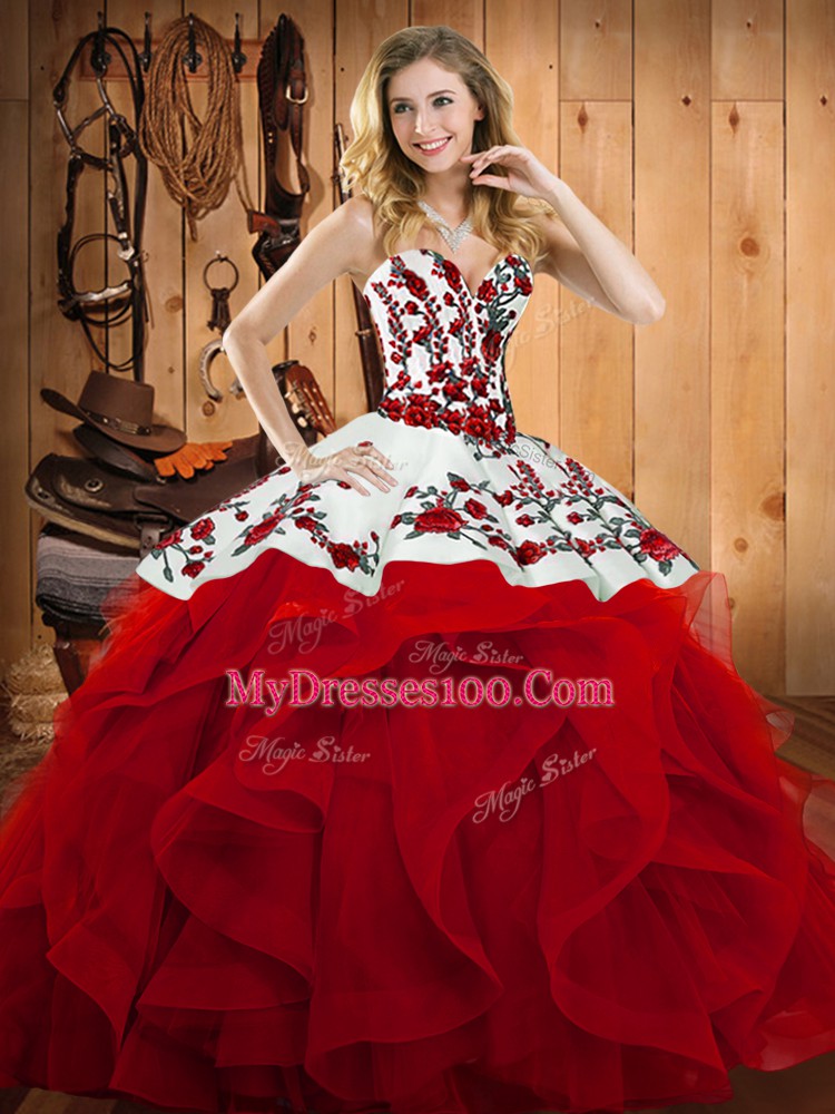 Low Price Wine Red Sweetheart Lace Up Embroidery and Ruffles 15th Birthday Dress Sleeveless