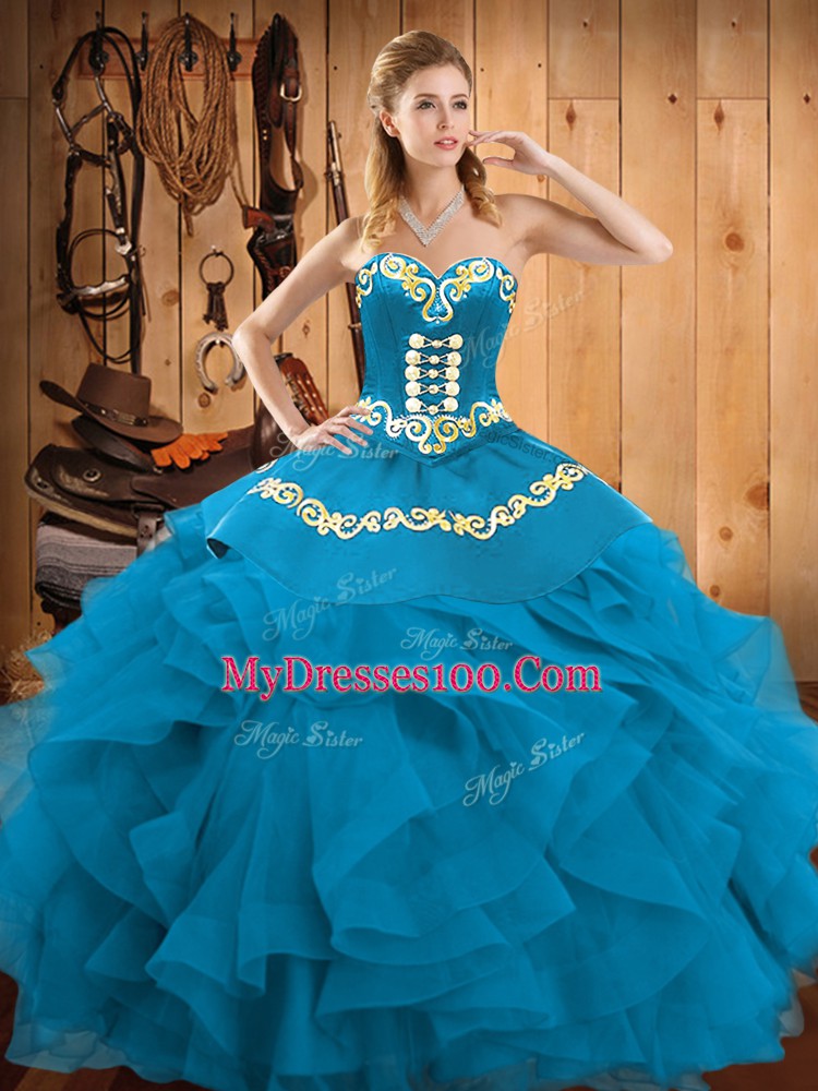 Low Price Sweetheart Sleeveless Quinceanera Dress Floor Length Embroidery and Ruffles Teal Satin and Organza
