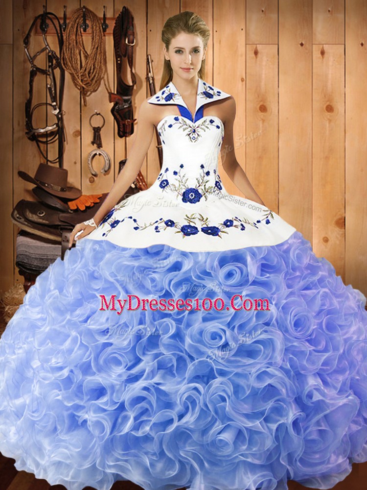 Custom Designed Lavender Fabric With Rolling Flowers Lace Up Halter Top Sleeveless Floor Length Ball Gown Prom Dress Embroidery