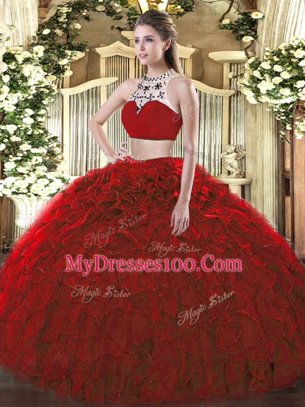 Deluxe Wine Red Sleeveless Floor Length Beading and Ruffles Backless Sweet 16 Dress