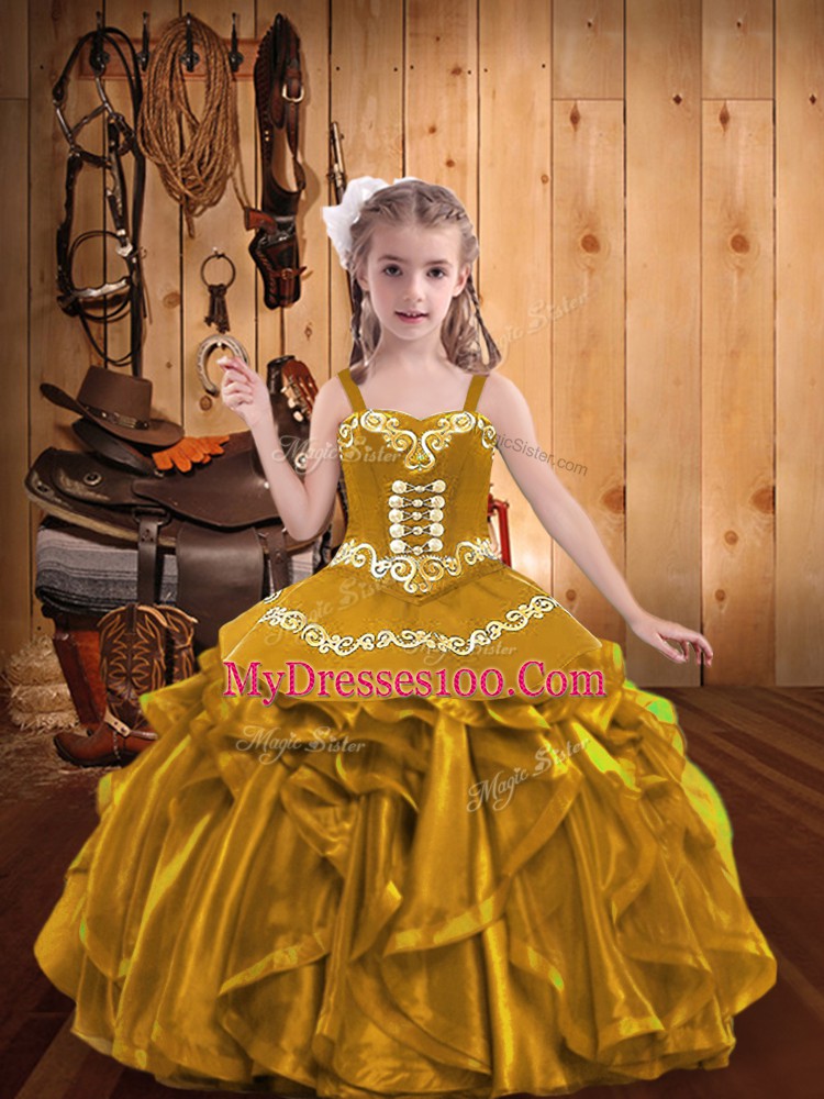 Attractive V-neck Sleeveless Organza Pageant Gowns For Girls Embroidery and Ruffles Lace Up