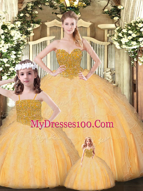 Edgy Tulle Sweetheart Sleeveless Lace Up Beading 15th Birthday Dress in Gold